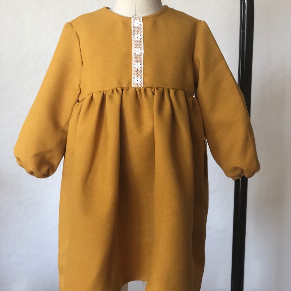Mustard Yellow Dress with Vintage white trim.
